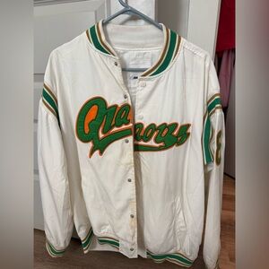 Vintage-Inspired White Quilted Bomber Jacket with Green & Orange Script